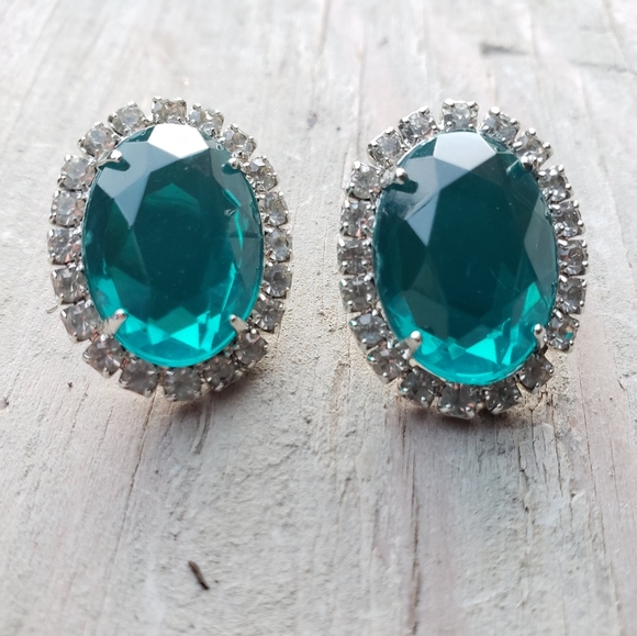 Vintage Aquamarine and Clear Rhinestone Earrings - Picture 2 of 5
